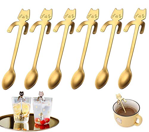 FansQ 6 cucharas de café de Acero Inoxidable Forma de Gato, diseño Colgante de Gato, Cuchara de té, Cuchara de Postre, Utilizada para Agua, té, Leche, café, Postre, Bebidas (Dorado)