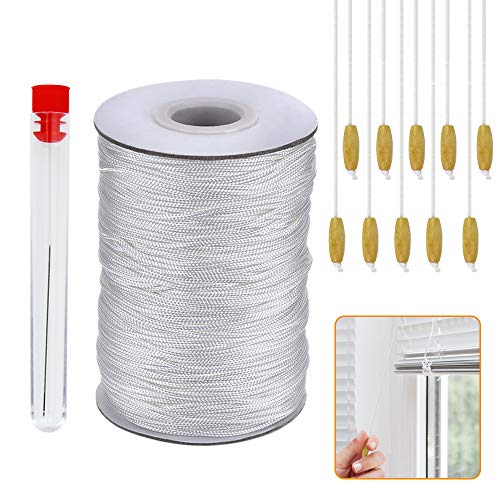 GOLRISEN Cuerdas para Estores, 1 Rollo de Cuerda para Cortinas Venecianas, 100 Yardas x 1,8 mm, 10 Tiradores de Madera y 1 Enhebrador, Cordón Persiana, Ideal para Renovar y Arreglar Estores, Blanca