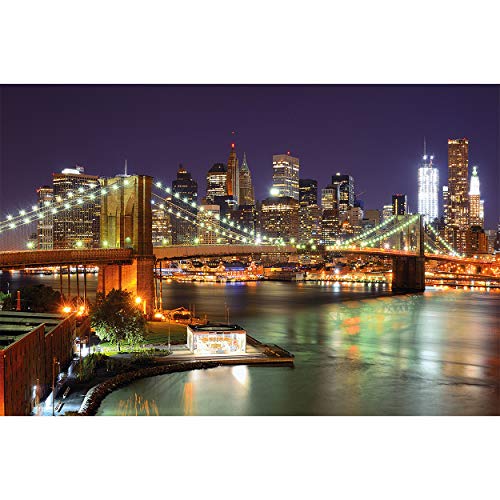 GREAT ART Mural De Pared – Horizonte de la Nueva York – Puente De Brooklyn En La Noche Luminoso Rascacielos Wall Street Americano Estados Unidos Foto Tapiz Y Decoración (336 x 238 cm)