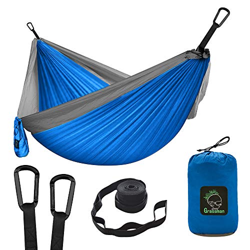 Hamaca portátil doble y individual con correas de árbol, paracaídas de nailon ligero, accesorios para camping, para interiores y exteriores, viajes, senderismo, playa