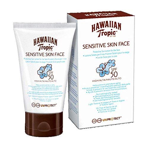 Hawaiian Tropic Sensitive Skin Face - Loción Solar Protectora para el Rostro especial para Piel Sensible con protección Muy Alta SPF 50, fórmula No Grasa y resistente al agua, formato Facial 60 ml