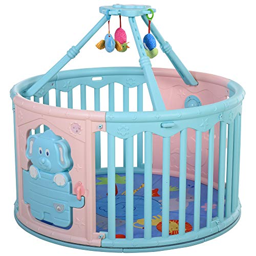 HOMCOM Parque Infantil Redondo Corralito de Seguridad para Bebé Cuna con Alfombra de Suelo Juguetes Divertidos Doble Cerradura Altura 65,5 cm Rosa y Azul