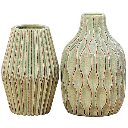 Home Collection Muebles, decoración - conjunto de 2 floreros, adorno - Estilo: Moderno - Material: gres porcelánico - Color verde claro - H 18/21 cm