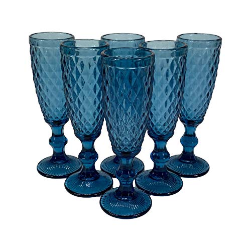 Homevibes Juego de 6 Copas de Champan/Cava, 6x20, Diseño Retro, Cristal De Calidad, Muy Resistente (Azul)