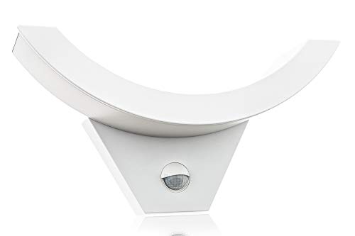HUBER Lámpara de pared LED con detector de movimiento, 140°, 10 W, 800 lm, IP54, lámpara de exterior con sensor de movimiento, lámpara de pared interior, curvada, color blanco