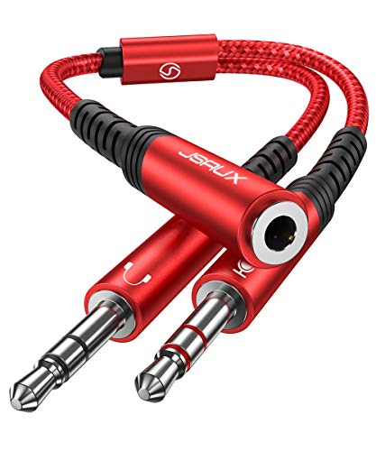 JSAUX Adaptador de Cable Jack de 3,5 mm, Divisor en Y, 1 Hembra a 2 machos [Auriculares y micrófono] 28 CM Cable Divisor de Audio en Y para Auriculares/Auriculares/PC etc-Rojo