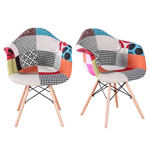 Juego de 2 sillas modernas de mediados de siglo, tela multicolor, estilo lino, con respaldo y reposabrazos moldeados, patas de madera, para comedor, dormitorio, sala de estar