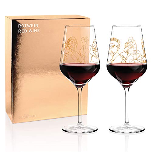 Juego de copas de vino tinto Burkhard Neie (Pan & Selene | Zeus & Leda) de cristal de 583 ml con oro auténtico