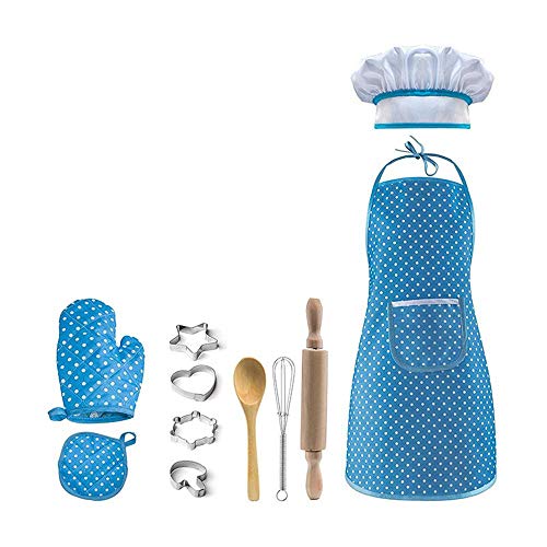Juego de delantales para niños, juego de cocción de cocinero con delantal, sombrero de cocinero, manopla de cocina, otros utensilios para bebés y chef (11 piezas), azul