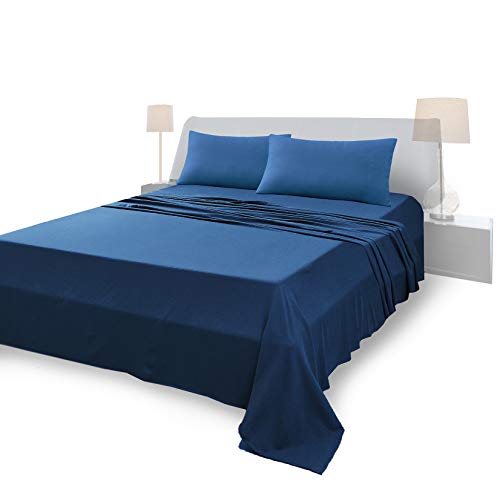 Juego de sábanas completo para cama de matrimonio, material 100% puro algodón, sábanas y 2 fundas de almohada, ropa de cama de color liso, azul marino