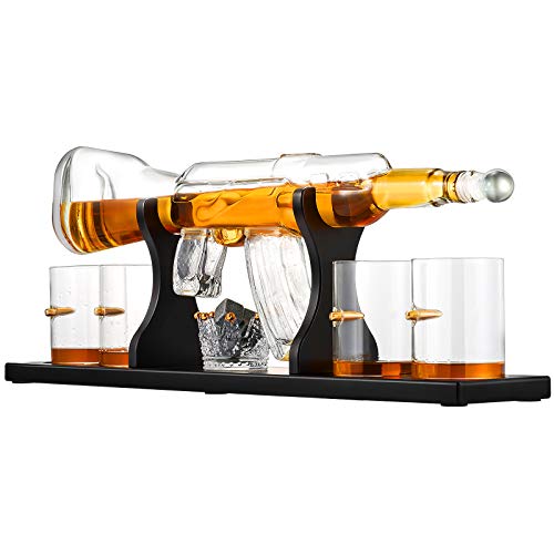 Kacsoo Decantador de whisky Set Decantador de whisky pistola de vidrio con 2 vasos, una copa de tartar de hielo corona, 9 piedras de whisky y un embudo para verter para vino, brandy, borbón, escocés
