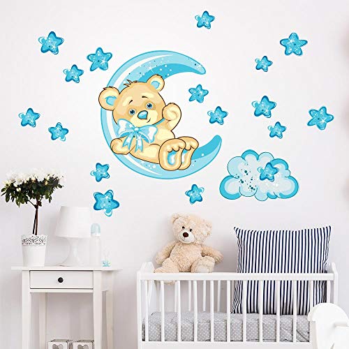 kina R00318 Adhesivos de Pared Luna Osito de Peluche Estrellas Decoración niños Dormitorio Infantil - Papel Adhesivo Efecto Tela