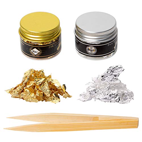 KINNO Copos de hojas de oro comestibles 24 K y copos de hoja de plata auténticos para decoración de tartas, maquillaje, artes y oficios (negro y oro de 24 K)