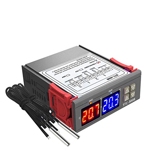KKmoon Regulador de temperatura con termostato de pantalla digital dual Controlador de temperatura con sonda NTC doble Calentador Sensor Sonda Dos salidas de relé DC 12V, DC 24V, AC 110-220V