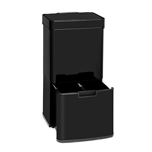 Klarstein Touchless – cubo de la basura de acero inoxidable con sensor, 72 litros con 4 compartimentos: 43 y 2 x 12,5 litros, cubo bio con tapa: 4 litros, apertura y cierre automáticos, negro