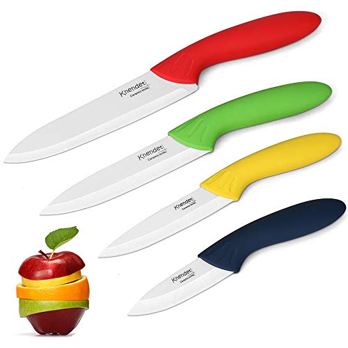 Knendet Juego de cuchillos de cerámica, 4 cuchillos profesionales de cocina ultra afilados, resistentes a las manchas, juego de cuchillos con asas multicolor con fundas de vaina