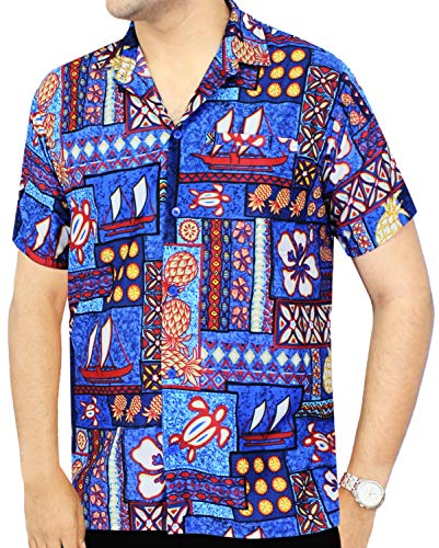 LA LEELA Casual Hawaiana Camisa para Hombre Señores Manga Corta Bolsillo Delantero Vacaciones Verano Hawaiian Shirt XXL-(in cms):137-149 Azul_W237