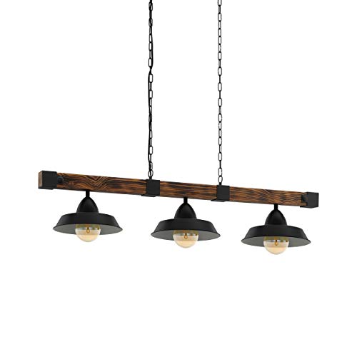 Lámpara colgante EGLO OLDBURY, lámpara de suspensión vintage con 3 bombillas de estilo industrial, lámpara colgada de acero y madera, color: negro, marrón rústico, casquillo: E27, L: 118 cm