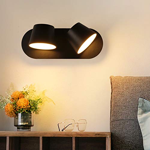 Lampara de pared LED moderna de 14 W, 2 luces, Negro nórdico ajustable Apliques de cabeza de montaje doble pantalla de aluminio, para interiores, dormitorios, salas de estar Iluminación