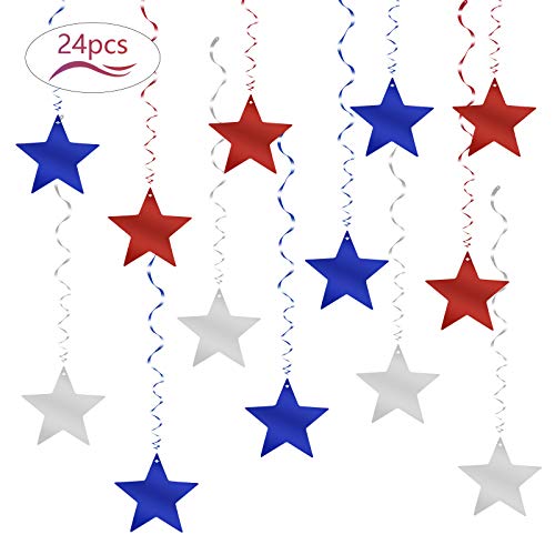 LANMOK 24piezas Espiral Colgantes Estrella Decoración en Forma de Remolino Pentagrama Colgantes decorativos en Espiral Suministros para Fiesta Cumpleaños Boda(Azul Rojo Plateado)