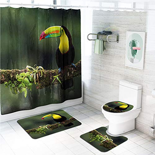 LAOSHIZI Loro impresión Alfombrillas de baño Suave Antideslizante alfombras de baño 4 Piezas Alfombra de Contorno en Forma de U y Cubierta del Asiento del Inodoro Cortina de la Ducha Impermeable