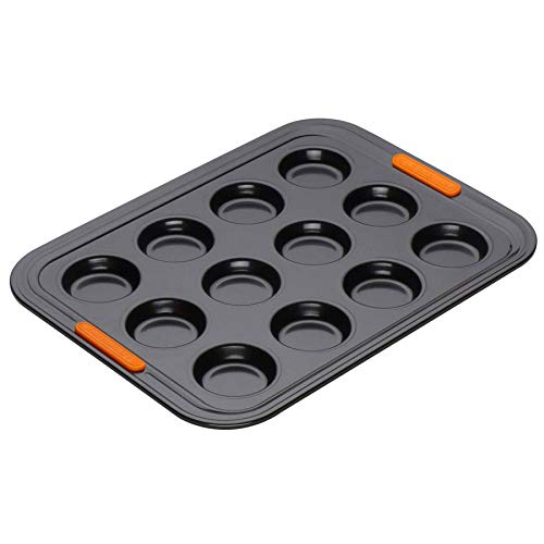 Le Creuset Molde antiadherente para 12 galletas, diametro 6.5 cm, Libre de PFOA, Resistente a ácidos, Revestimiento de acero al carbono, Gris y Naranja