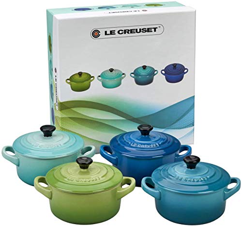 Le Creuset Set de mini cocottes, 4 unidades, Redondas, 200 ml cada una, 10 x 5 cm, Cerámica de gres, Verde y Menta y Turquesa y Azul