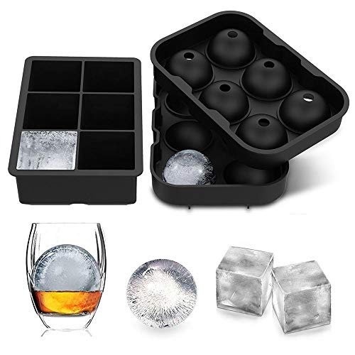 LessMo 2 piezas de bandejas de cubitos de hielo, fabricador de bolas de hielo esféricas de silicona con tapa y moldes cuadrados grandes de cubitos de hielo para whisky, reutilizables y sin BPA