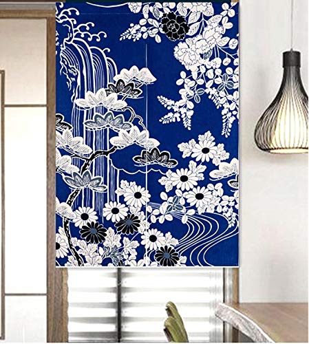 LIGICKY Cortina de estilo japonés de lino grueso Noren, cortina para puerta, separador de espacios, tapisseri para textiles del hogar, 85 x 120 cm, azul (Crisantemo)