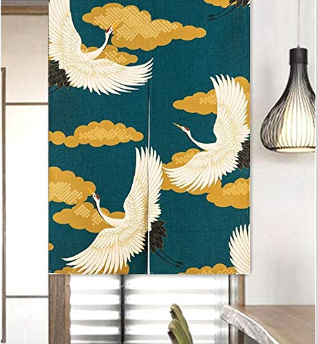 LIGICKY Cortina larga de estilo japonés de lino grueso Noren, cortina para puerta, separador de espacios, tapiz, para textiles del hogar, 85 x 120 cm, verde (grúa floral coronada de luna)