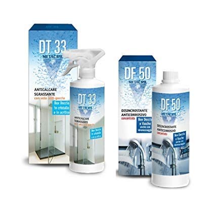 Limpiador y desincrustante antigoteo para cuadro de ducha + super desincrustante anticorrosión concentrado DT33 500 ml + DF50 500 ml. -