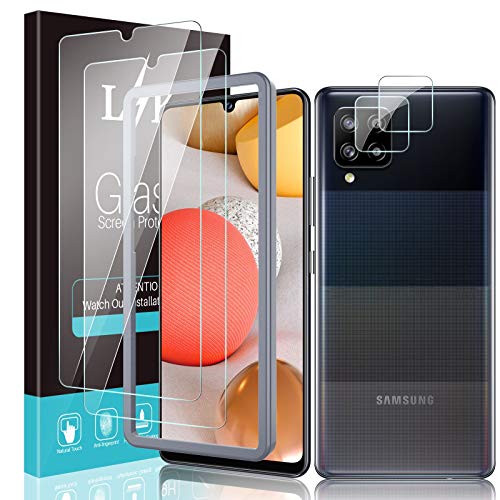 LϟK 4 Pack Protector de Pantalla Compatible con Samsung Galaxy A42 5G con 2 Pack Cristal Templado y 2 Pack Protector de Lente de Cámara - Sin Burbujas Doble Protección Marco de Posicionamiento