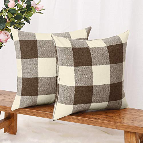 LSIENPF Juego de 2 fundas de cojín de lino y algodón, para sofá o dormitorio, con cremallera invisible (45 cm x 45 cm), diseño de cuadros, color marrón y blanco