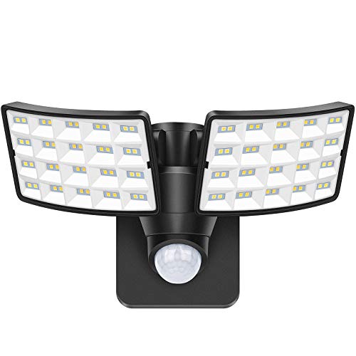 LUOWAN Luces de seguridad LED de 20 W, luz con sensor de movimiento para exteriores, 2400LM, 5500K, IP65 a prueba de agua, luz de inundación LED de movimiento de 2 cabezales para garaje（No solar）