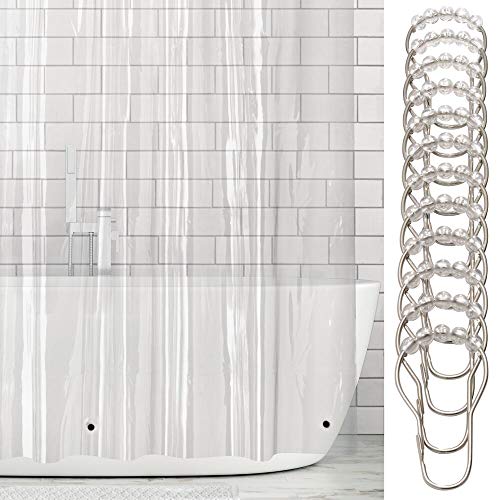 mDesign Cortina de baño de vinilo – Cortinas de baño larga con 12 aros para colgar incluidos – Cortina de ducha y para bañera impermeables – 100% vinilo – transparente