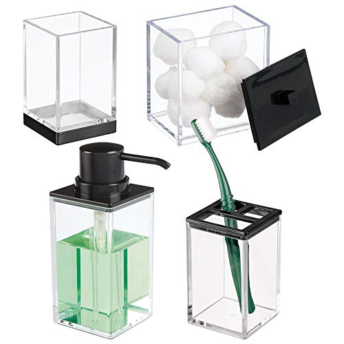 mDesign Juego de 4 accesorios para el baño – Porta cepillos de dientes, dosificador de jabón, contenedor con tapa y vaso – Fabricados en plástico resistente – transparente/negro