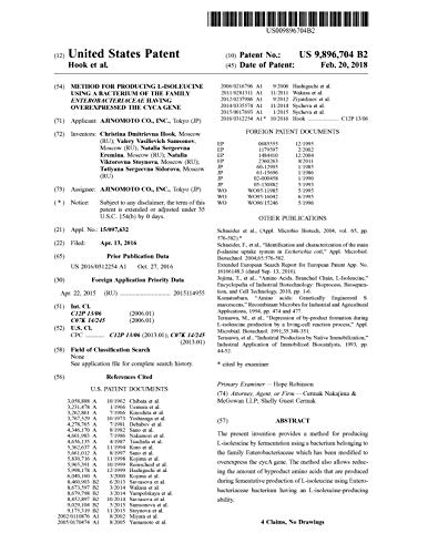 Method for producing L-isoleucine using a bacterium of the family Enterobacteriaceae having overexpressed the cycA gene: United States Patent 9896704 (English Edition)