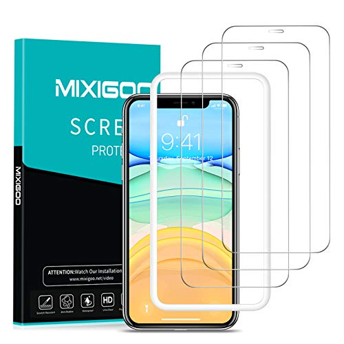 mixigoo Protector Pantalla para iPhone 11/iPhone XR (6,1''), [3 Piezas] Cristal Templado iPhone 11 [Marco Instvalación Fácil] Anti-Burbujas Anti-arañazos Vidrio Templado iPhone 11/iPhone XR