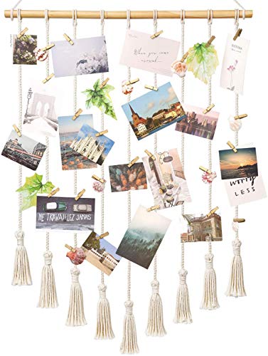 Mkouo Hanging Photo Display Macrame Wall Hanging Pictures Decor Boho Chic Home Decoration for Apartment Bedroom Living Room Gallery, with 40 Wood Clips, 94cm(L) x 64.7cm(W)