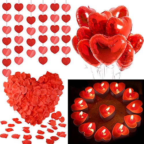 MMTX Set de Deco para el Día de San Valentín,Globos Corazon Rojo,Pétalos de Rosa, Velas en Forma de Corazón Rojo para Bodas Nupcial Aniversario y Compromiso Decoración Día de La Madre (Rojo)