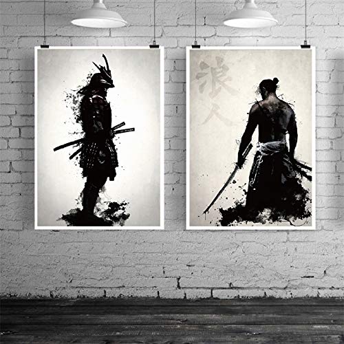 mmzki Samurai japonés Lienzo Pintura al óleo Moderna Pared Arte Cuadros Lienzo impresión para Sala de Estar HD decoración del hogar Carteles e Impresiones 2 Piezas