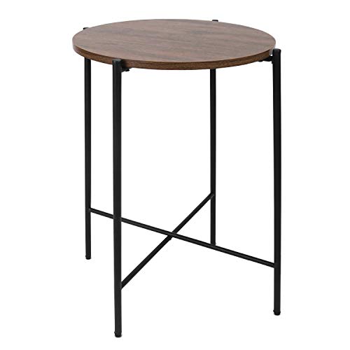 Moncot ET116-WN - Mesa auxiliar redonda con estructura de metal negro, mesa de café con tablero vintage de madera de nogal para salón, dormitorio, oficina