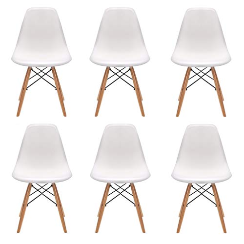 N/A Un conjunto de 4/6 sillas de plástico con patas de madera de diseño minimalista, adecuado para comedor, dormitorio, silla de oficina (blanco, 6)