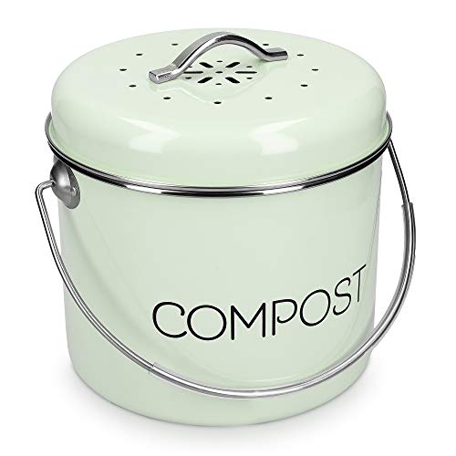 Navaris Cubo de Metal para Compost - Contenedor de Basura orgánica con Tapa y 3X Filtro - 21.5 x 23.2 CM - Compostera Vintage para la Cocina de 5 L