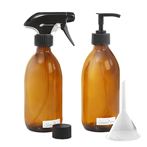 Nomara Organics® Juego de botella de Spray de vidrio ámbar + Loción Bomba 300 ml..aceite dispensador + transferencia embudo