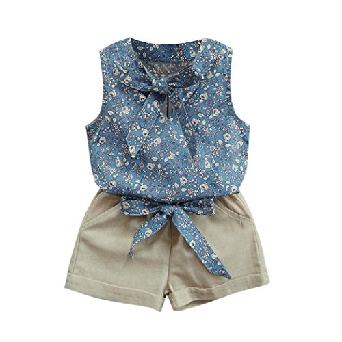 OverDose Niño Niños Niñas Floral Bowknot Chaleco Camiseta + Shorts Conjunto Ropa Set (4-5 años, Azul)