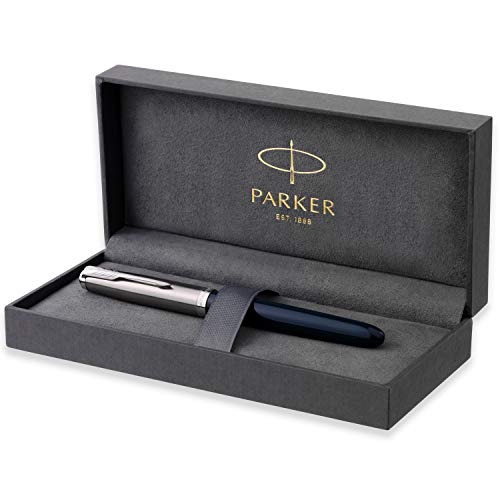 Parker 51 pluma estilográfica | cuerpo azul medianoche con adorno cromado | plumín mediano con cartucho de tinta negra | estuche de regalo
