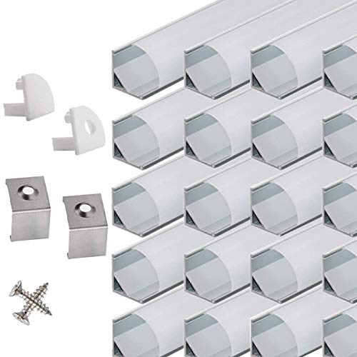 Perfil angular LED de aluminio de 45 grados – 40 x 100 cm, perfil de aluminio para tiras LED / listones, con cubierta blanca lechosa, tapas de extremo y pinza de montaje