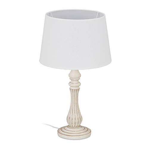 Relaxdays Lámpara de mesa estilo rústico, casquillo E14, tela y madera, para salón y dormitorio, lámpara de noche, 47 x 27 cm, color blanco, 10034461