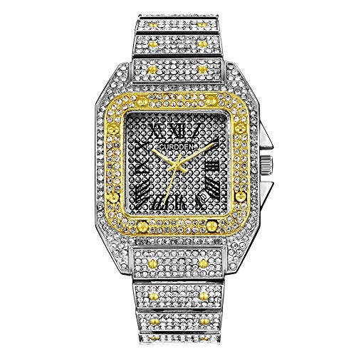 Relojes Helados para Hombres, Lujoso Reloj De Cuarzo con Brazalete Cuadrado Cuadrado De Acero Inoxidable Diamantes De Cristal Simulados
